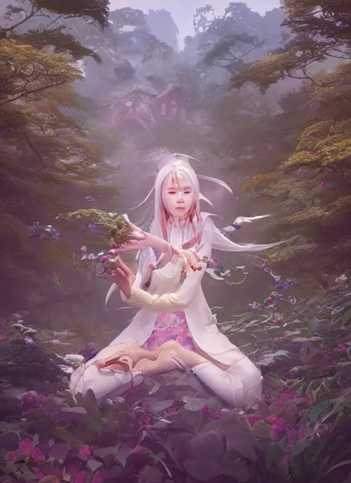 Image similar to breathtaking portrait of fantasy sorceress bright temple surrounded by lush forest meadow, by Hsiao-Ron Cheng and James jean and Miho Hirano and Hayao Miyazaki, octane render, RPG portrait, ambient light, dynamic lighting