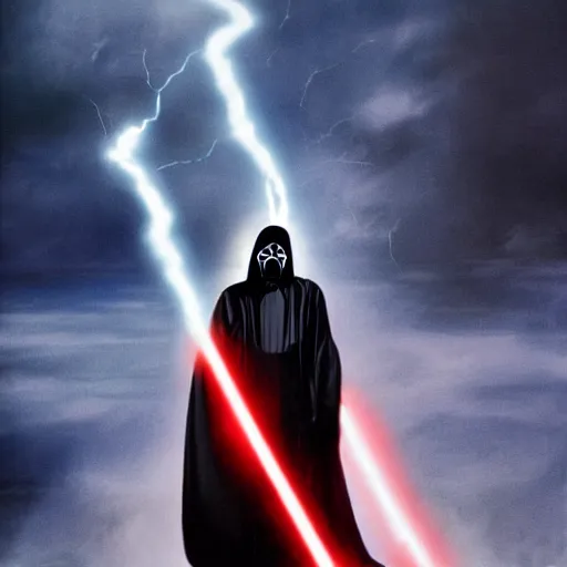 Image similar to Morgan Freeman as a sith lord wearing a hooded black robe with glowing red eyes and casting lightning from his hands