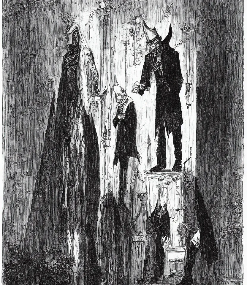 Prompt: an extremely tall vampire stands stooped in the entrance hall of a victorian house by tuomas korpi and george goodwin kilburne