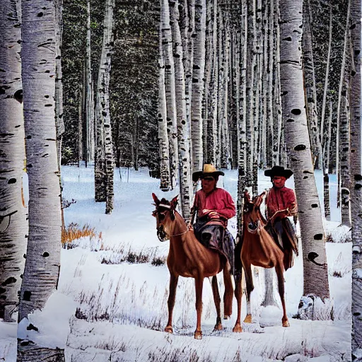Prompt: digital art photograph savage plains indians on the warpath riding horses through some aspen trees in the snow