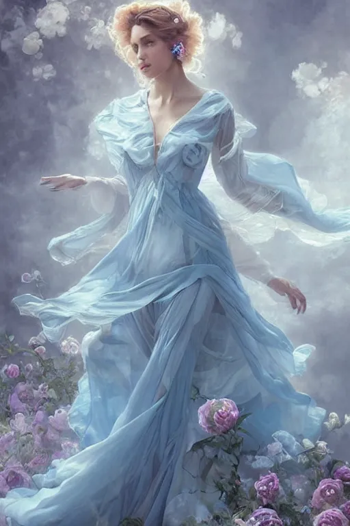 Image similar to beautiful!!! woman dressed in a vaporous wrapped large victorian pale blue roses silk semi-transparent dress fashion is running, fantasy, intricate, elegant, highly detailed, digital painting, trending on artstation, concept art, matte, sharp focus, illustration, art by Artgerm and Greg Rutkowski and Alphonse Mucha, instagram model