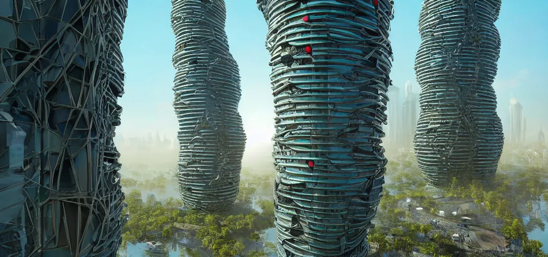 Prompt: highly detailed futuristic vertical architecture by Richard Rogers, reflective lighting, stylized vegetation, ground-level view, puddles of turquoise water, foggy atmosphere, stunning sunny lighting, sunrise, vivid colors, in the style of pixar animation, trending on Artstation, 8k, matte painting, ray tracing, hyper detailed, unreal engine 5, cinematic, epic lighting, cryengine, octane render, cyberpunk, red and orange glow, vibrant