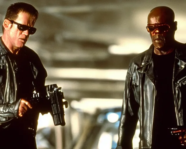 Image similar to Samuel L. Jackson plays Terminator wearing leather jacket and his endoskeleton is visible, epic film