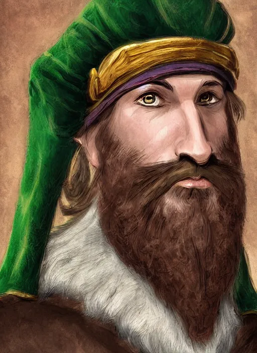 Prompt: ratfolk with beard and jewelry, green eyes, tricorne hat, green robe, D&D, digital art