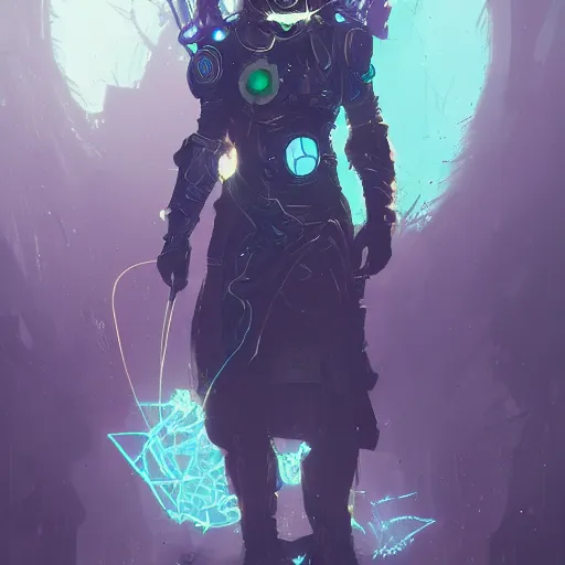 Prompt: cyber-warlock character portrait, fantasy, D&D, by Ismail Inceoglu