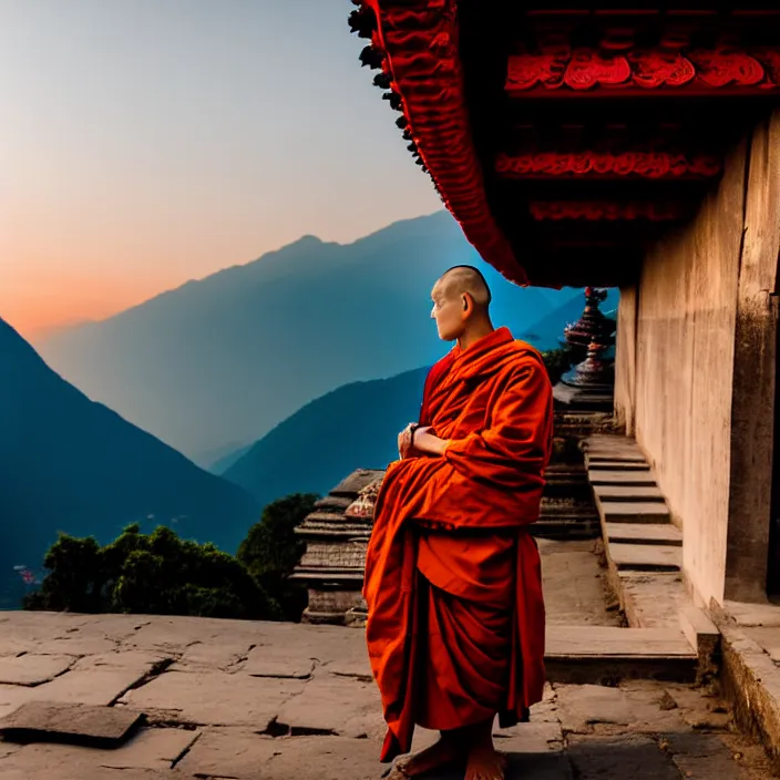 Prompt: fashion editorial of buddhist monk in nepal temple, monastery, portrait, moutain, landscape, sunset, photography, very beautiful, highly detailed, intricate