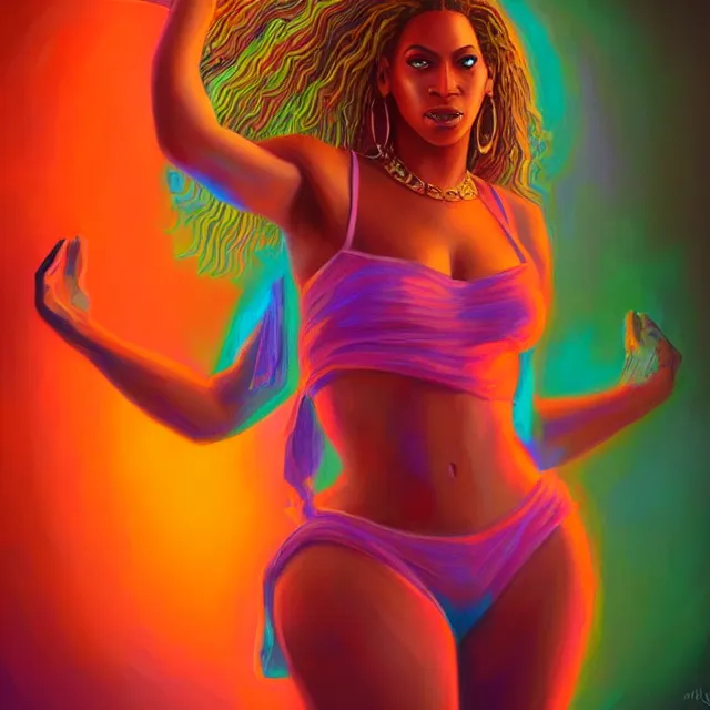 Prompt: full body portrait of beyonce by mandy jurgens, cartoon, oil painting, visionary art, magic symbols, holy halo, neon ambient lighting, high detail, vibrant colors