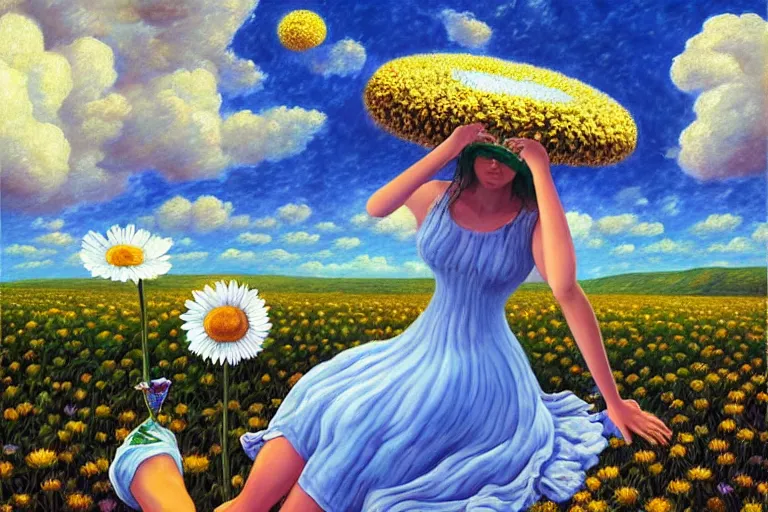 Image similar to giant daisy flower head, woman sitting, surreal, clouds in sky, impressionist painting, digital painting, artstation, rob gonsalves