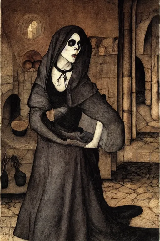 Image similar to portrait of fairuza balk as death of the endless, the sandman, grey clothes, in persian temple wet night, by pieter bruegel the elder, alexej von jawlensky, al williamson, pixiv, unsplash, cinemascope, deviantart