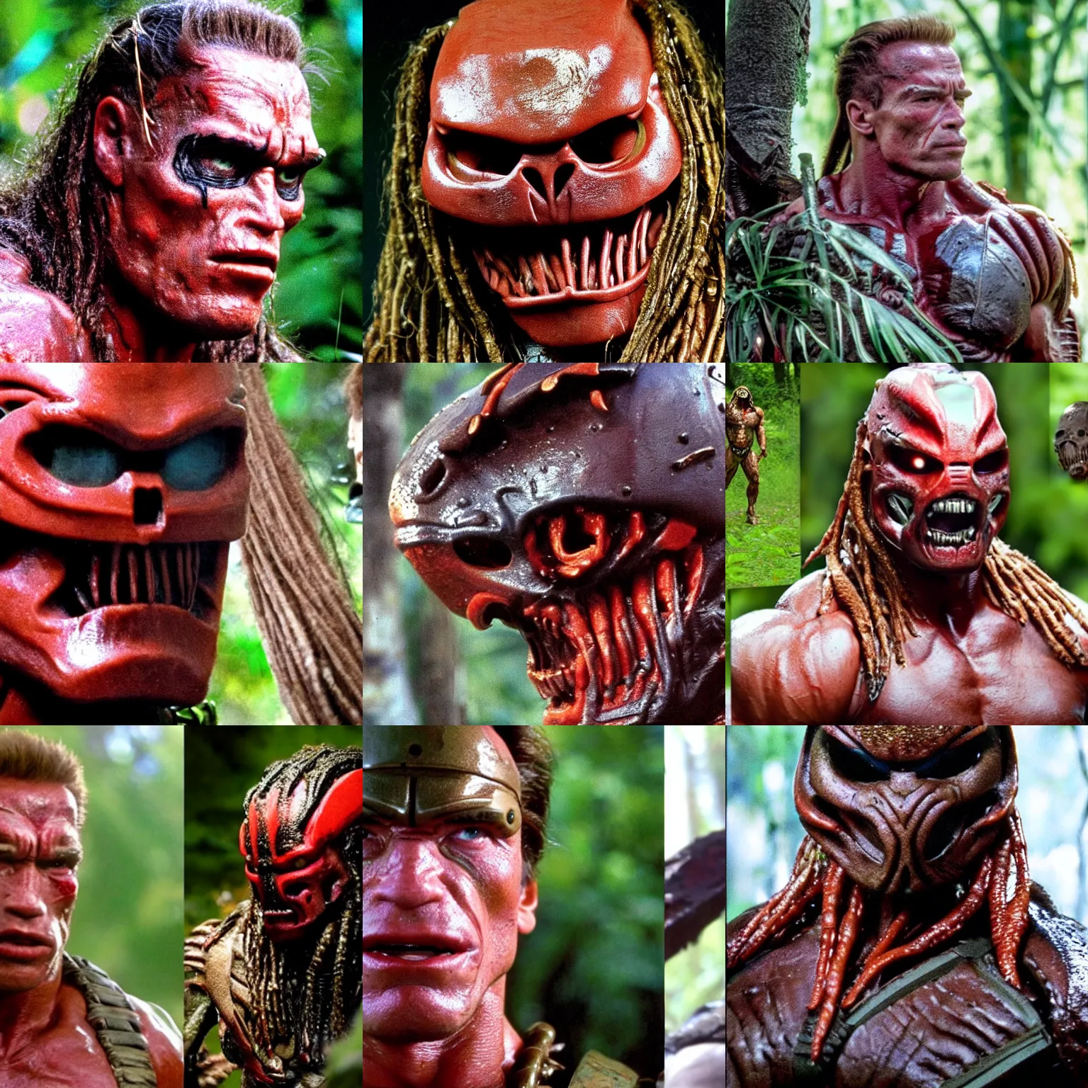 Prompt: head close up arnold schwarzenegger in predator costume , close up detailed movie still from the predator in the jungle