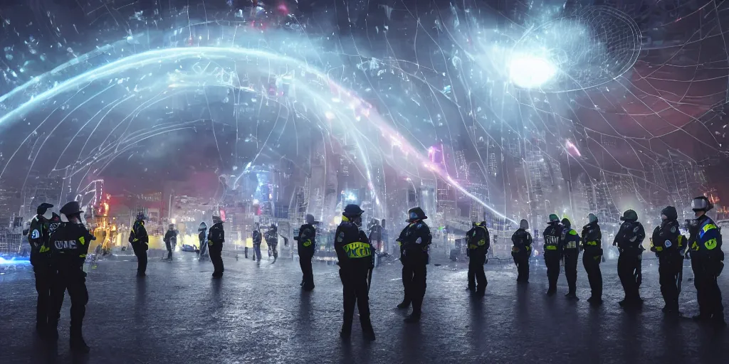 Image similar to policemen protecting a huge spiral - shaped bright luminous attractor right in the center of the city from protesting people,, rain and light fog, professional lighting, concept art in 3 d, high detail, professional lighting, 8 k, unreal engine