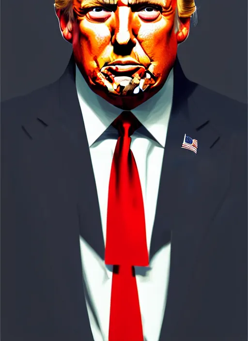 Image similar to portrait of donald trump, dramatic expression looking down, full body, lawyer suit, intricate, hivis, elegant, beautiful, highly detailed, digital painting, artstation, concept art, smooth, sharp focus, illustration, art by guweiz