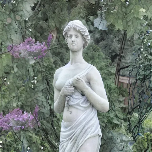 Image similar to delicate marble statue in a garden, stony, puffy, botanical herbarium paper, botanic, watercolor colored painting, pencil, iridescent colors, 8 k, realistic shaded, fine details, artstation, italian, colonnade, hydrangea, vines, gardena architecture, pompeii