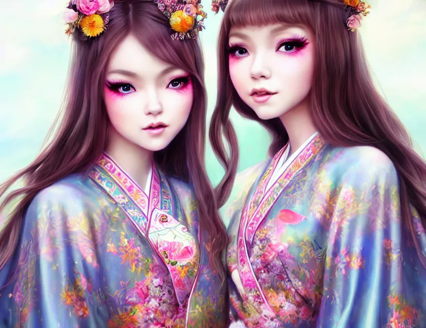 Image similar to two beautiful fashion siberian girls wear fantasy kimono in festival | | big eyes, sunny, dreamlike art, realistic shaded, smile, good looking, hyper details, 4 k realistic, cryengine, realistic shaded lighting poster by artgerm, ross tran, fuji choko, loish, 8 k resolution, trending on artstation, luxury