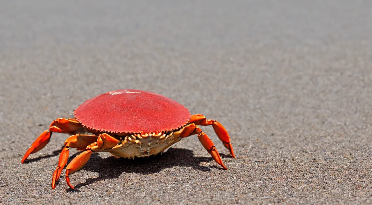 Image similar to a realistic image of a crab with a hat on it's head, ultra high detail, the crab is on sand on a beach with ocean in the background, 8 k.