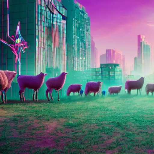 Image similar to a herd of sheep being herded by a cyberpunk cowboy Shepard, cyberpunk cityscape Purple mint teal orange green pink