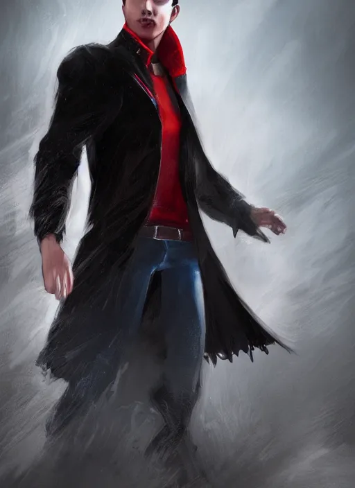 Image similar to An epic fantasy comic book style portrait painting of a young man with black cowlick haircut, wearing black overcoat, red clothes, blue jeans. Unreal 5, DAZ, hyperrealistic, octane render, cosplay, RPG portrait, dynamic lighting