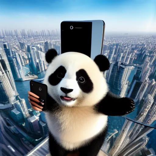 Image similar to A cute Panda taking a selfie on top of Burj Khalifa, hyperrealistic, highly detailed, depth of field, High definition, 8k, octane render, artstation