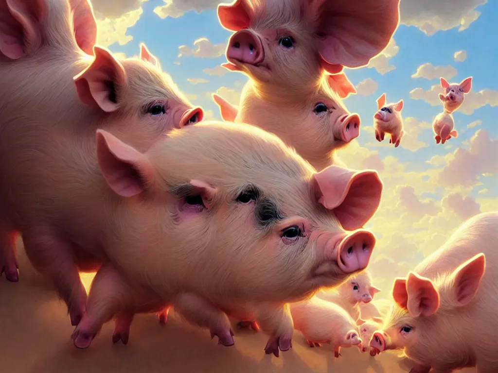 Image similar to cute pigs in the sky, cute and cuddly, highly detailed, photorealistic, octane render, 8 k, unreal engine. art by artgerm and greg rutkowski and alphonse mucha