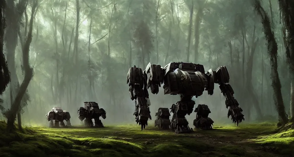 Prompt: giant medieval battlemech walking through a forest, hyper realistic sci - fi matte concept art painting, beautiful details, strong composition painted by kim jung guweta studio rutkowski, james gurney and greg rutkowski, and lucasfilm, smooth, intricate, detailed, sharp focus, cinematic