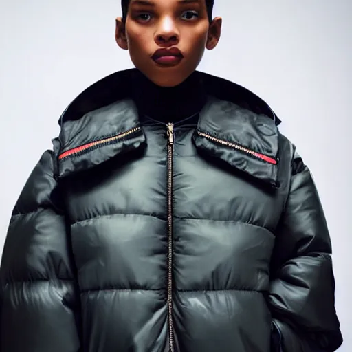 Image similar to realistic photoshooting for a new balenciaga lookbook color film photography close up portrait of a beautiful woman model, model wears a puffer jacket, photo in style of tyler mitchell, ssense