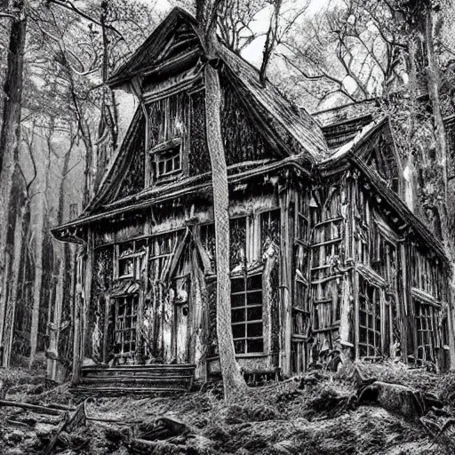 Prompt: enchanted abandoned house in the forest drown by kentaro miura