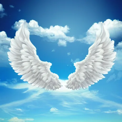 Image similar to bright blu sky. fluffy clouds. angels with big wings wake - up