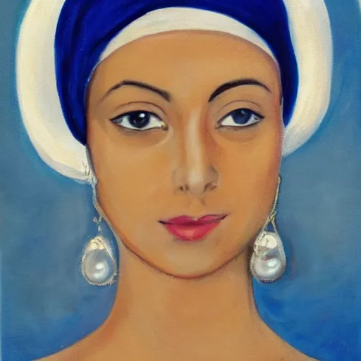 Image similar to a painting of a young woman wearing a blue and white turban. the woman is looking to the side with a soft expression, and her earring is a large, shining pearl. the background is a dark space, and the light is shining on the woman from the front, creating a halo - like effect around her head.