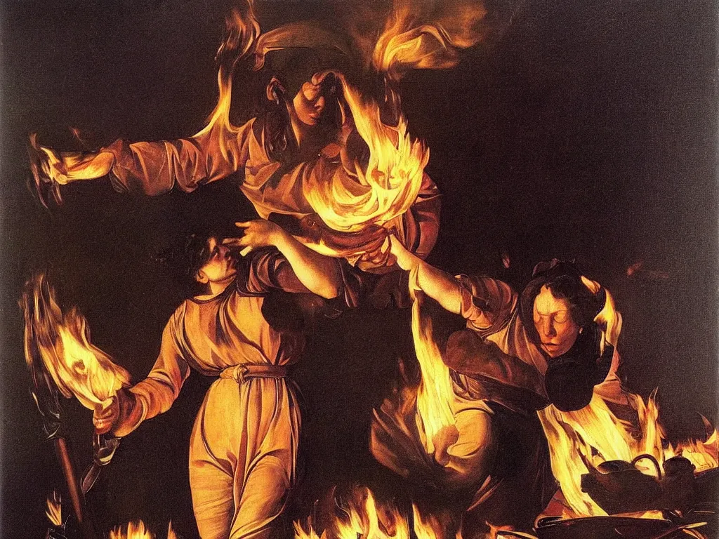 Prompt: Woman setting her home on fire. Painting by Caravaggio.