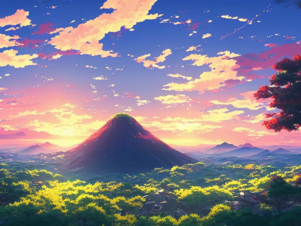 Image similar to an anime landscape!! view of japan in the sunset by makoto shinkai from your name, masterpiece, the comet is striking the sky