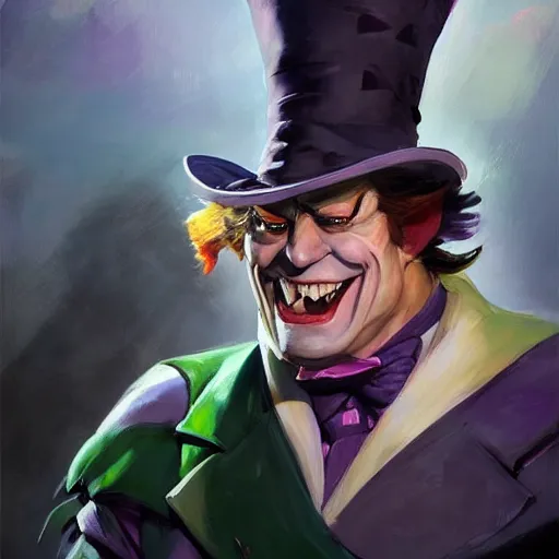 Image similar to greg manchess portrait painting of partially armored mad hatter from alice in wonderland as overwatch character, wacky, medium shot, asymmetrical, profile picture, organic painting, sunny day, matte painting, bold shapes, hard edges, street art, trending on artstation, by huang guangjian and gil elvgren and jesper ejsing