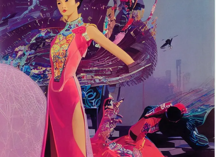 Prompt: powerful chinese princess, full body, neon lights, high fashion, futurism, aerodynamic, feminine, oriental, intricate, slick, highly detailed, digital painting, vogue, concept art, smooth, sharp focus, hd, art by syd mead and john berkey and annie leibovitz