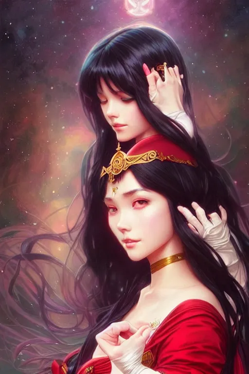 Prompt: a beautiful princess, long black hair and bangs, sailor mars aesthetic, fantasy, intricate, elegant, highly detailed, digital painting, artstation, concept art, matte, sharp focus, illustration, art by Artgerm and Greg Rutkowski and Alphonse Mucha