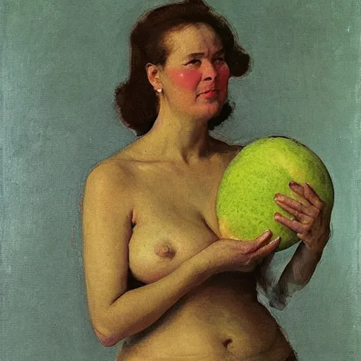 Prompt: A woman holding two melons to her chest, modest, 1950s, americana, award-winning, suburban, by Ilya Repin