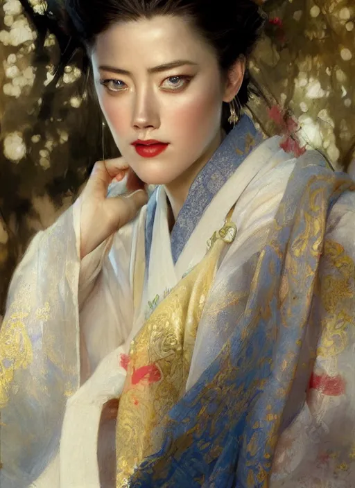 Image similar to detailed portrait of amber heard wearing hanfu, natural light, painting by gaston bussiere, craig mullins, j. c. leyendecker