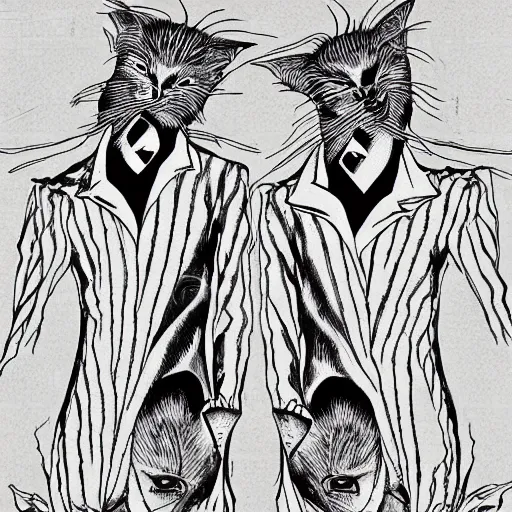 Image similar to black and white illustration creative design, two headed cat, junji ito