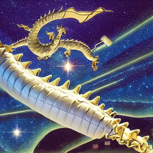 Image similar to accurate by peter eisenman, by sarah sze wisteria, cinematic lighting. a digital art of a dragon in space. the dragon is in the foreground with its mouth open rows of sharp teeth. coiled & ready to strike, its tail is wrapped around a star in the background. background is full of stars & galaxies.