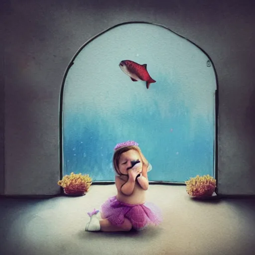 Image similar to the same style. the most beautiful little fat sweet girl is kissing a huge colorful cute fish. modern etching. colored print. hype realistic scene. old photography style. studio lighting. window. 3 d, octane render, deep focus, fashion style, white scene. very funny and sweet art. unreal engine. watercolor
