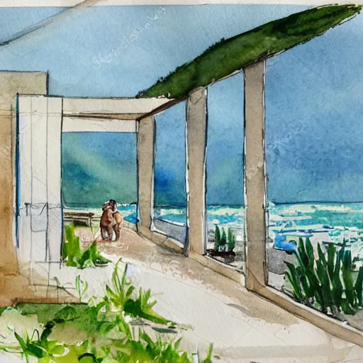 Image similar to watercolor sketch of organic rectangular architecture concept, sea, renzo piano, sketche, villa, people, beach, artistic, ecology, green.