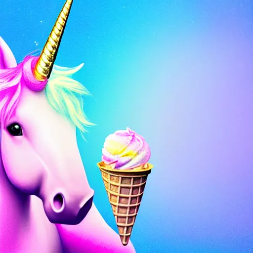 Prompt: an ultra high definition pastel coloured photograph of a magic unicorn with a glittery magic horn eating an ice cream. refraction, volumetric lighting iridescence.