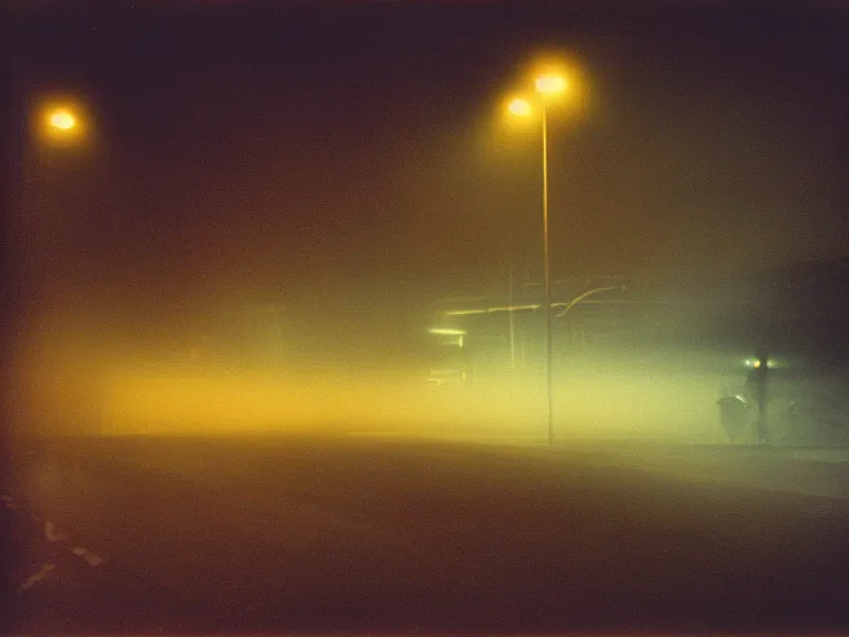 Prompt: fujifilm velvia 1 0 0 film photograph of vagrant at night volumetric fog