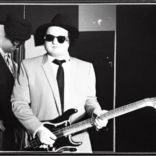 Image similar to john belushi wearing a black suit and black necktie and black fedora playing electric guitar in a darkened nightclub, 3 5 mm film still from 1 9 8 1, grainy.