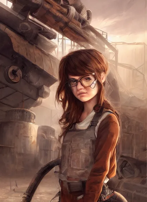 Image similar to a portrait digital painting of a young girl with hazel - brown hair. post - apocalyptic clothing. she's wearing a mechanics uniform and has been working on some large machinery. a factory background with big machines, pipes, computer monitors. painted by artgerm, ross tran.