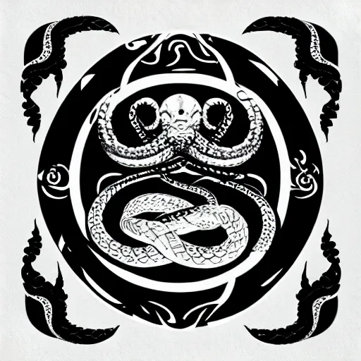 Prompt: an emblem containing a kraken in the center, with snakes as tentacles, 4k