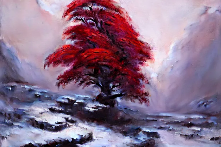 Image similar to a beautiful oil painting of a rocky valley covered in snow, trees with red leaves, thunderstorm in the sky, blue lighting, gloomy, atmospheric lighting, detailed, by greg rutkowski, trending on artstation