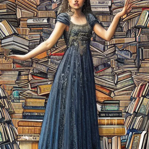 Prompt: a portrait of a older anya taylor - joy as the goddess minerva surrounded by stacks of books, bioluminescent gown with deep level of detail of esoteric symbols, urban motifs, intricate, elegant, highly detailed, digital painting, trending on artstation, concept art, smooth sharp focus, illustration, art by artgerm and greg rutkowski