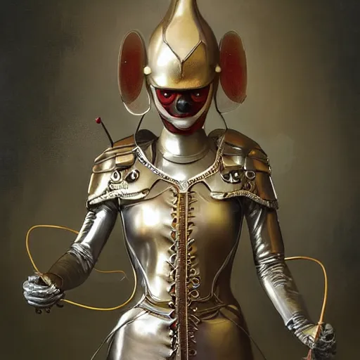 Prompt: tom bagshaw, curiosities carnival, photorealistic medium shot soft paint of a single beautiful cosplay clown full long futuristic metallic armor very tight metal helmet ornate, face, gynoid tentacles body, accurate features, focus, very intricate ultrafine details, award winning masterpiece