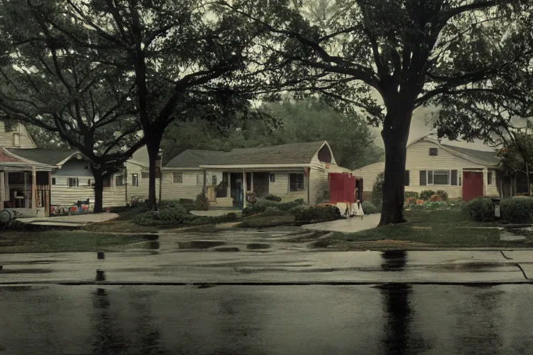 Image similar to a detailed photograph of a 1 9 7 0 s american neighborhood by gregory crewdson, photoreal, 4 k, rain