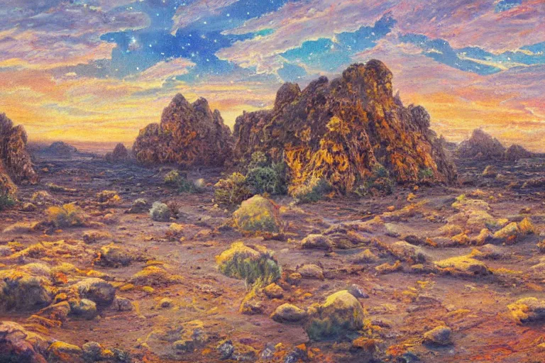 Prompt: a beautiful wide angle landscape painting of a rock galaxy in the west end of the moon