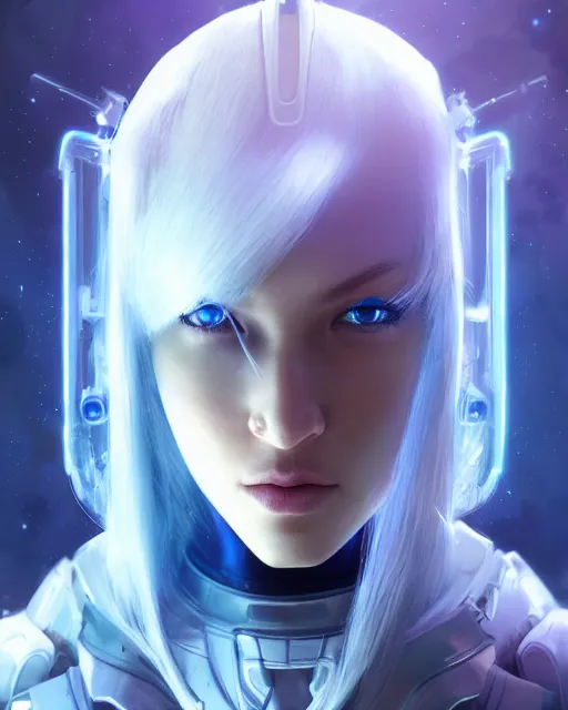 Image similar to perfect android girl on a mothership, warframe armor, beautiful face, scifi, futuristic, galaxy, nebula, raytracing, dreamy, long white hair, blue cyborg eyes, sharp focus, cinematic lighting, highly detailed, artstation, divine, by gauthier leblanc, kazuya takahashi, huifeng huang